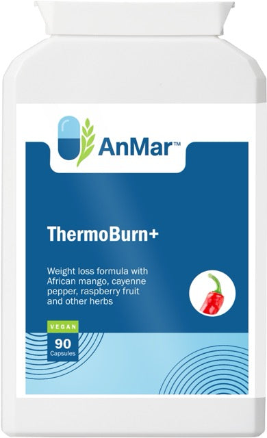Front view of AnMar™ ThermoBurn+ supplement bottle with African mango, cayenne pepper, raspberry, and herbal blend – 90 vegan capsules.
