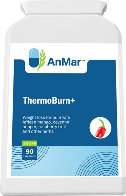 Front label of AnMar™ ThermoBurn+ supplement bottle showing vegan thermogenic formula with African mango, cayenne, and raspberry – 90 capsules.