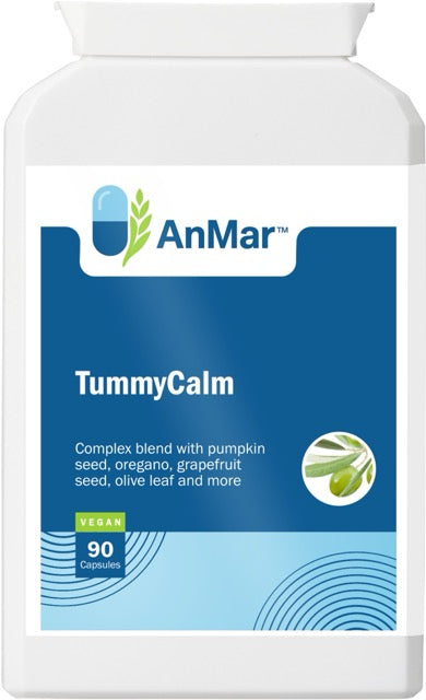 Front view of AnMar™ TummyCalm supplement bottle, highlighting digestive blend with pumpkin seed, oregano, olive leaf, and more.