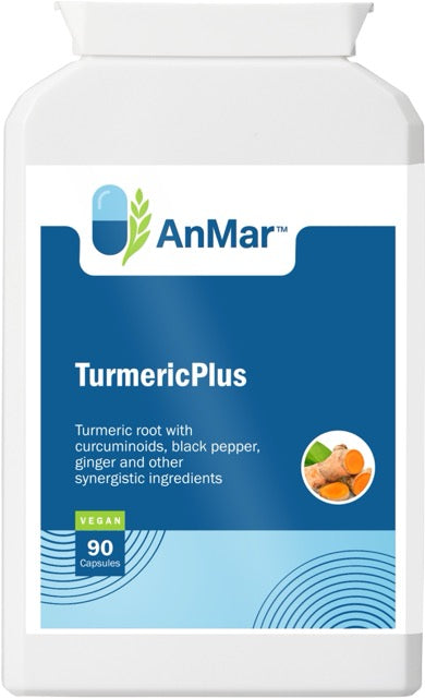 Front view of AnMar™ TurmericPlus supplement bottle containing 90 vegan capsules with turmeric, black pepper, and ginger.