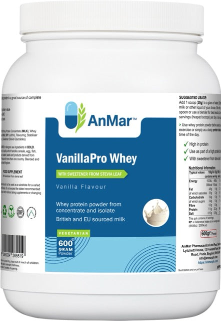 Front label of AnMar™ VanillaPro Whey 600g tub with vanilla flavour, highlighting high protein content, vegetarian-friendly formula, and stevia sweetener.