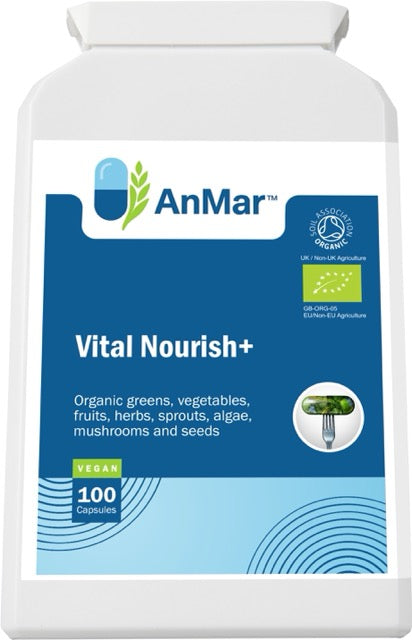 Angled view of AnMar™ Vital Nourish+ supplement bottle showing front label with organic certification and blend of greens, fruits, herbs, and sprouts.