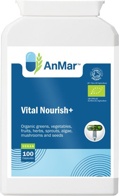 Front view of AnMar™ Vital Nourish+ bottle showing organic greens and superfood complex label with Soil Association and EU organic certifications.