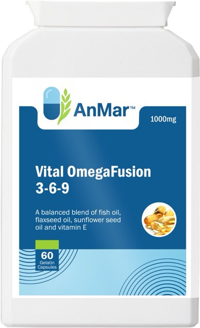 Front view of AnMar™ Vital OmegaFusion 3-6-9 supplement bottle containing 60 softgel capsules. Features a balanced blend of fish oil, flaxseed oil, sunflower seed oil, and vitamin E in a 1000mg formula.