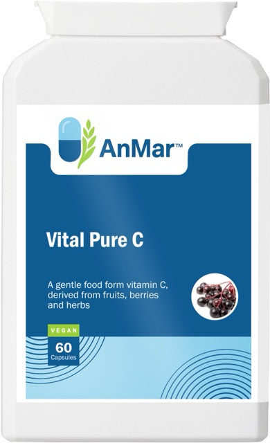 Front of AnMar™ Vital Pure C supplement bottle featuring a natural vitamin C blend from fruits, berries, and herbs in 60 vegan capsules.