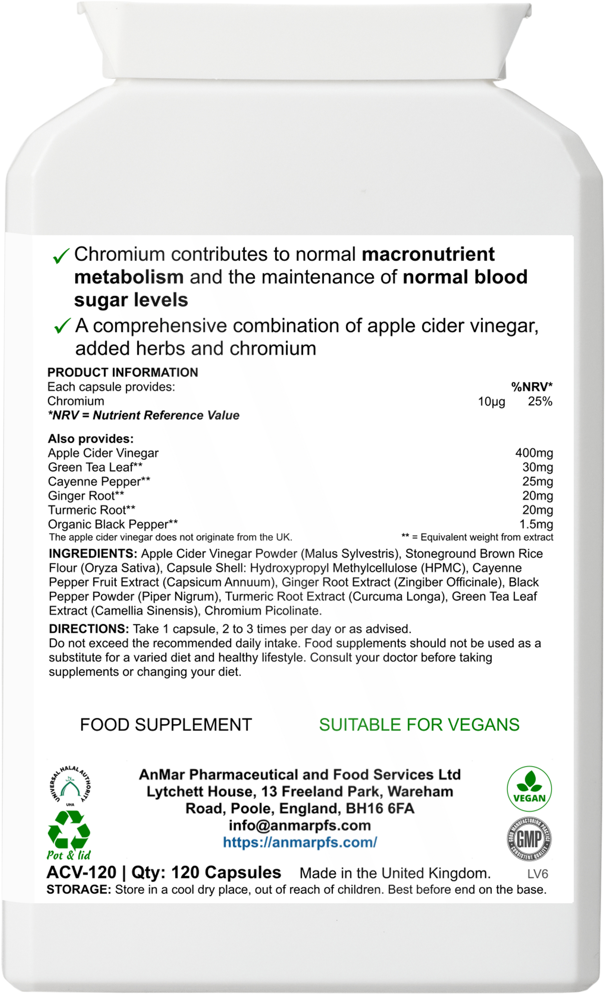 Back label of AnMar™ Apple Cider Vinegar Complex showing supplement facts, full ingredient list including apple cider vinegar, green tea, cayenne, turmeric, and chromium. Contains 120 vegan capsules.