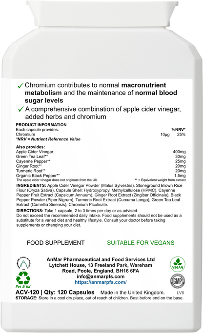Back label of AnMar™ Apple Cider Vinegar Complex showing supplement facts, full ingredient list including apple cider vinegar, green tea, cayenne, turmeric, and chromium. Contains 120 vegan capsules.