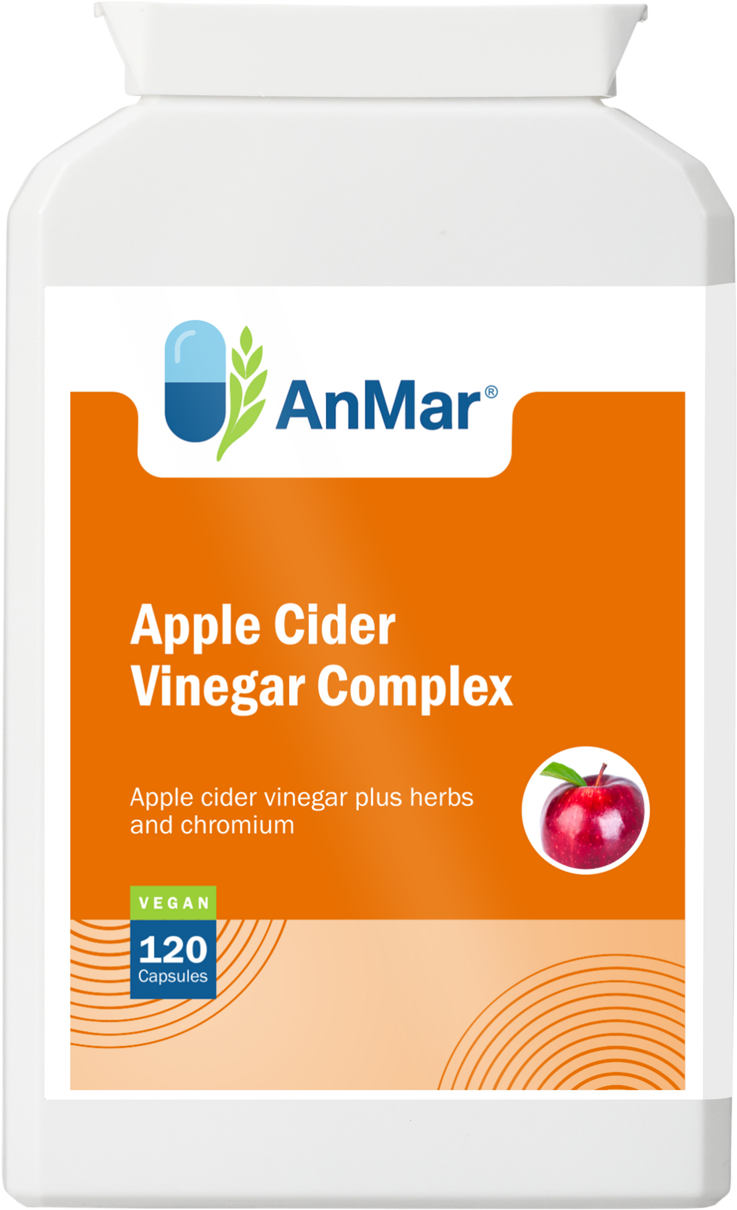 Front view of AnMar™ Apple Cider Vinegar Complex supplement bottle featuring apple illustration and product label. Contains 120 vegan capsules with added herbs and chromium.