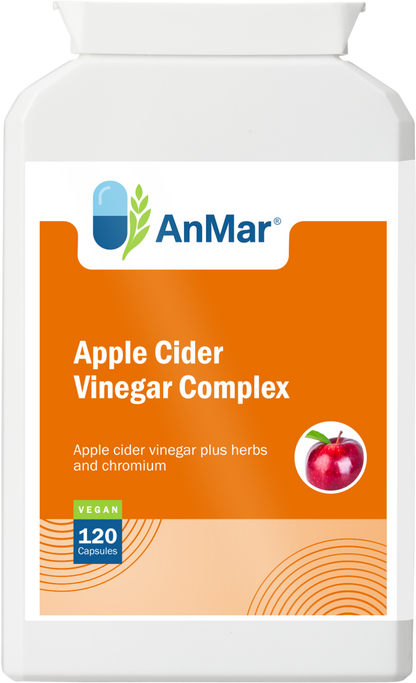 Front view of AnMar™ Apple Cider Vinegar Complex supplement bottle featuring apple illustration and product label. Contains 120 vegan capsules with added herbs and chromium.