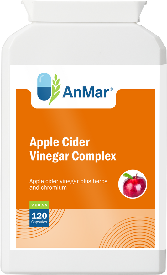 Front view of AnMar™ Apple Cider Vinegar Complex supplement bottle featuring apple illustration and product label. Contains 120 vegan capsules with added herbs and chromium.