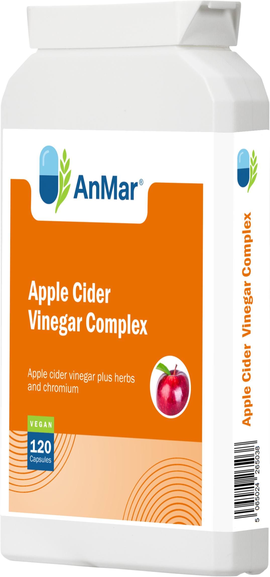 Angled right-side view of AnMar™ Apple Cider Vinegar Complex bottle showing label, vegan badge, and apple graphic.