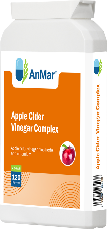 Angled right-side view of AnMar™ Apple Cider Vinegar Complex bottle showing label, vegan badge, and apple graphic.