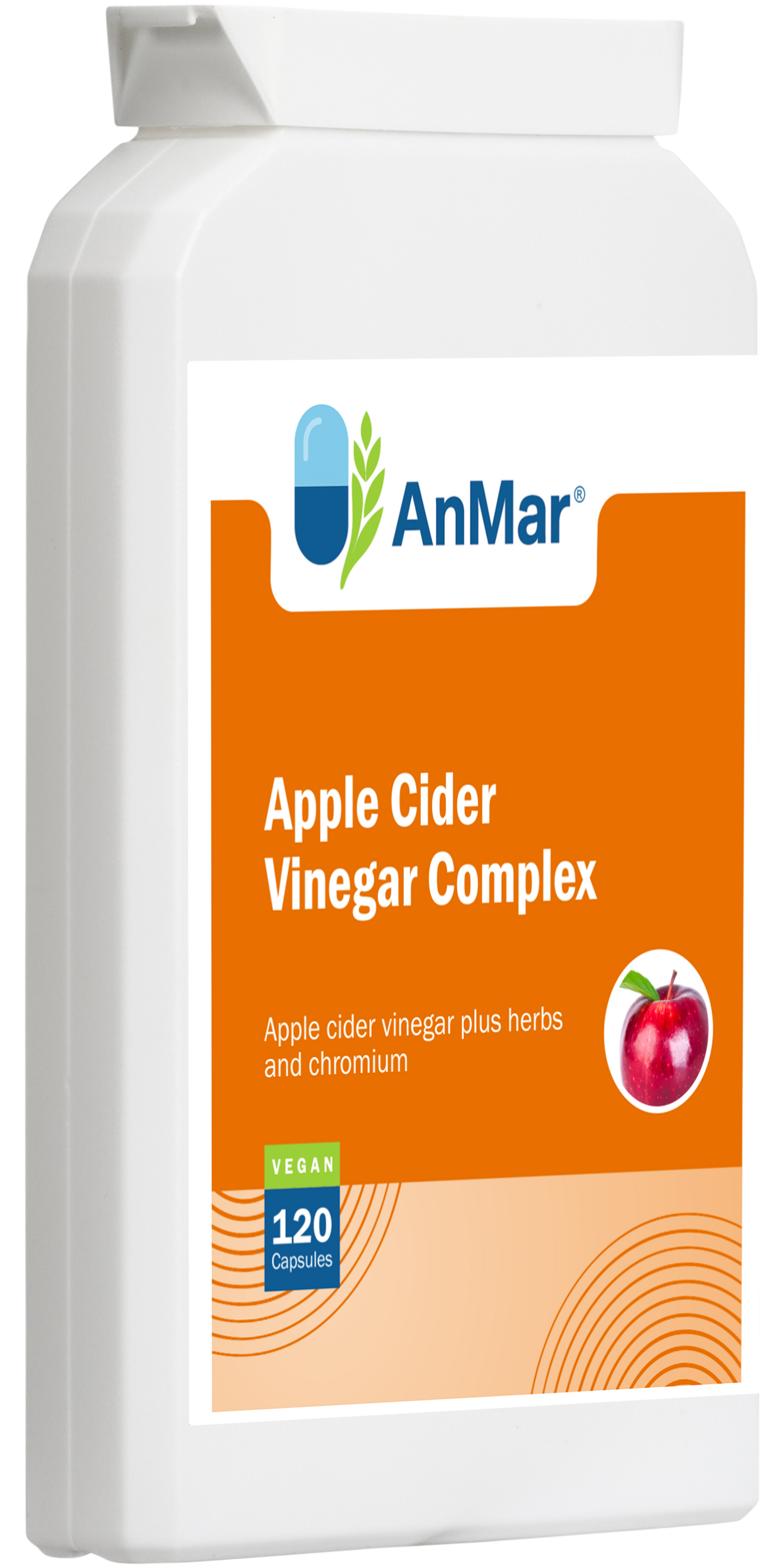 Angled front-left view of AnMar™ Apple Cider Vinegar Complex bottle showing product label with apple icon. Contains 120 vegan capsules with chromium and herbal blend.