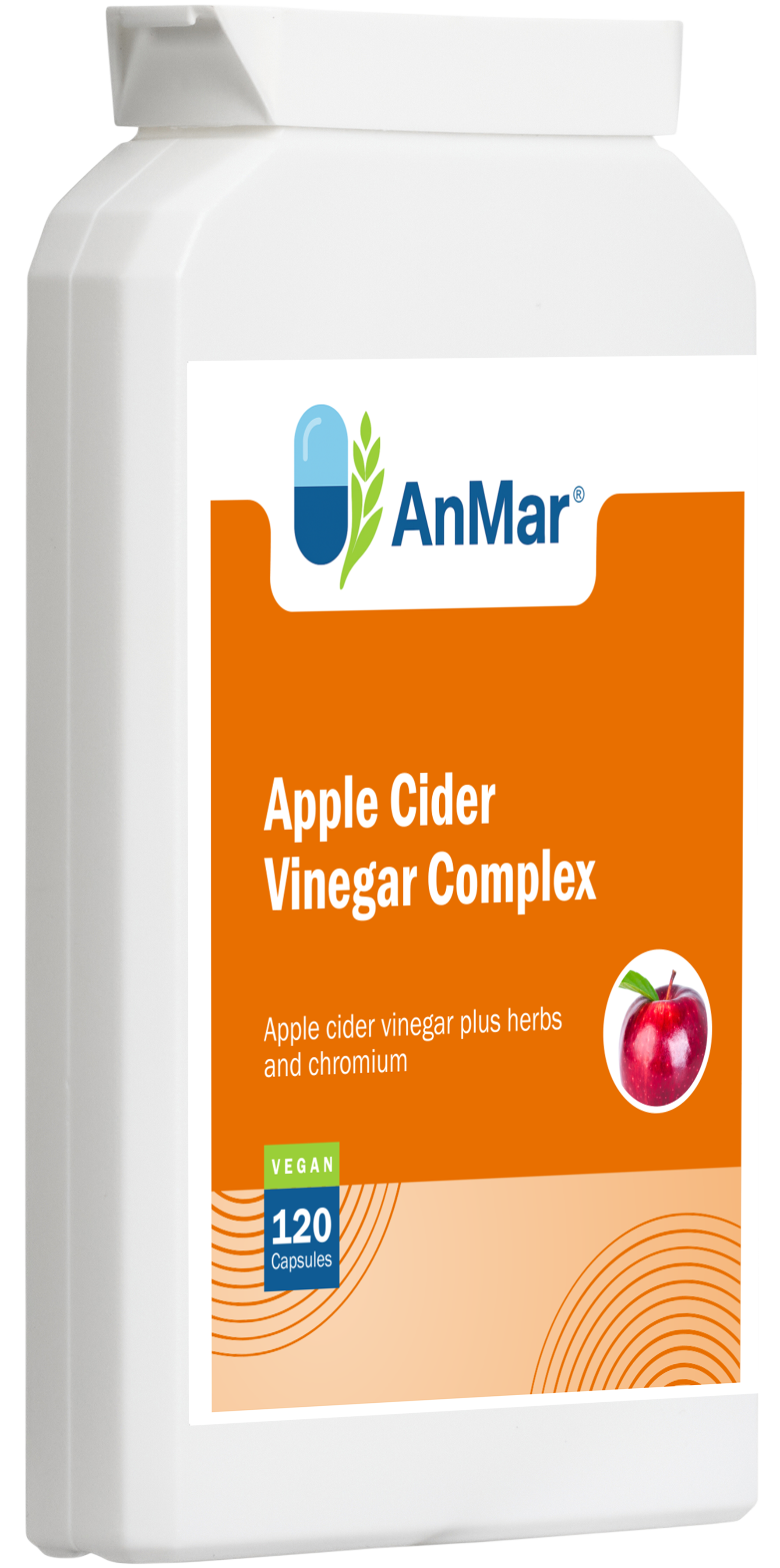 Angled front-left view of AnMar™ Apple Cider Vinegar Complex bottle showing product label with apple icon. Contains 120 vegan capsules with chromium and herbal blend.