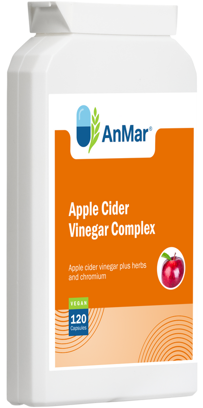 Angled front-left view of AnMar™ Apple Cider Vinegar Complex bottle showing product label with apple icon. Contains 120 vegan capsules with chromium and herbal blend.