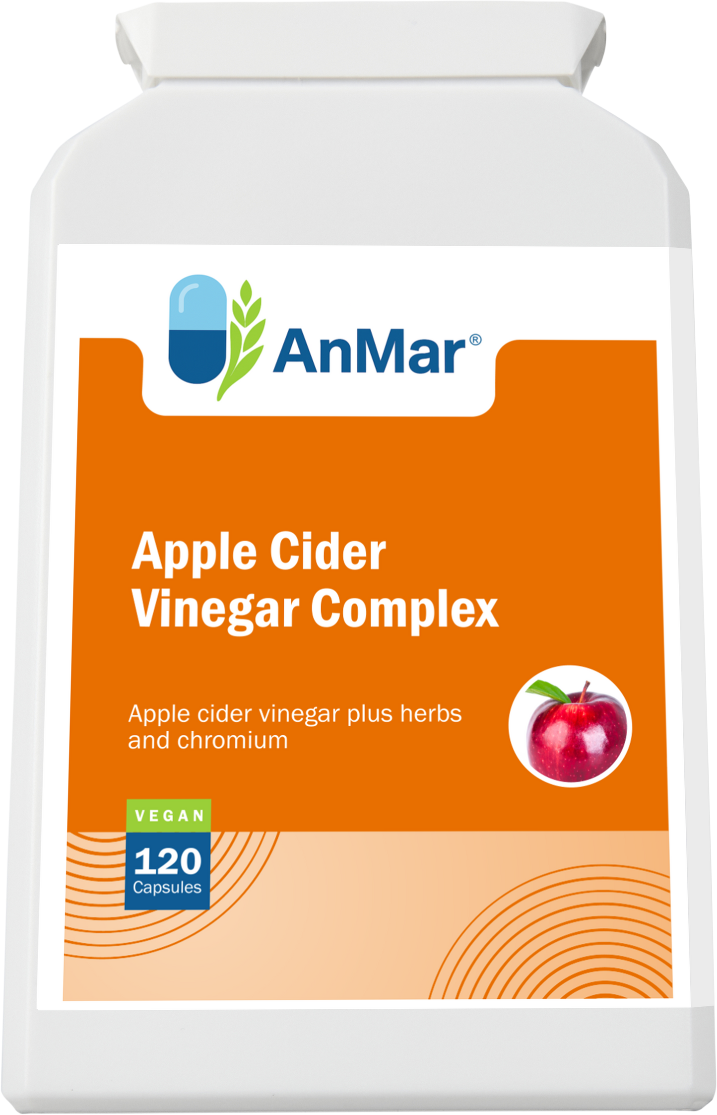 Front-facing view of AnMar™ Apple Cider Vinegar Complex label with apple icon. Shows product name, vegan 120 capsules, and formula with herbs and chromium.