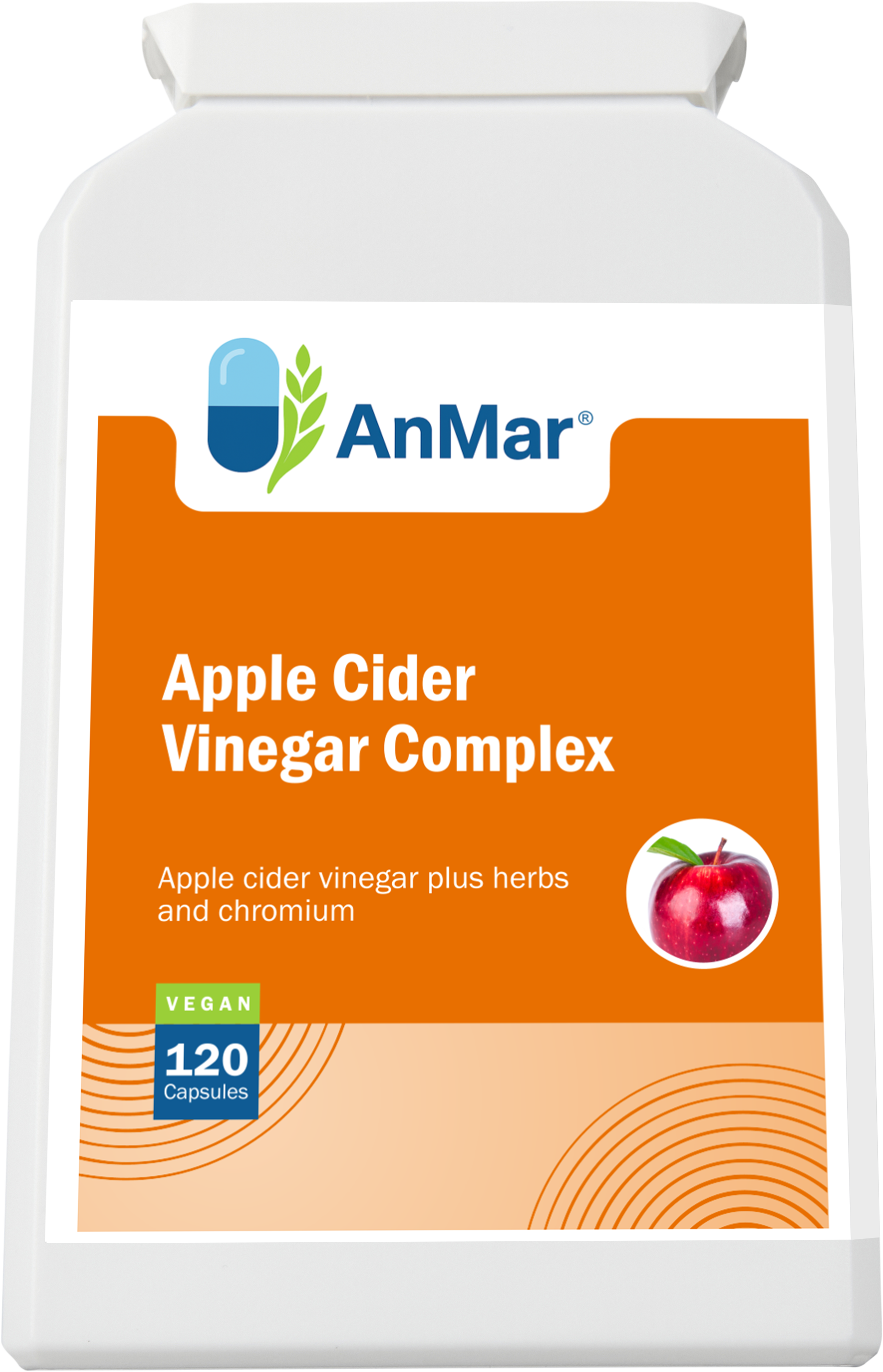 Front-facing view of AnMar™ Apple Cider Vinegar Complex label with apple icon. Shows product name, vegan 120 capsules, and formula with herbs and chromium.