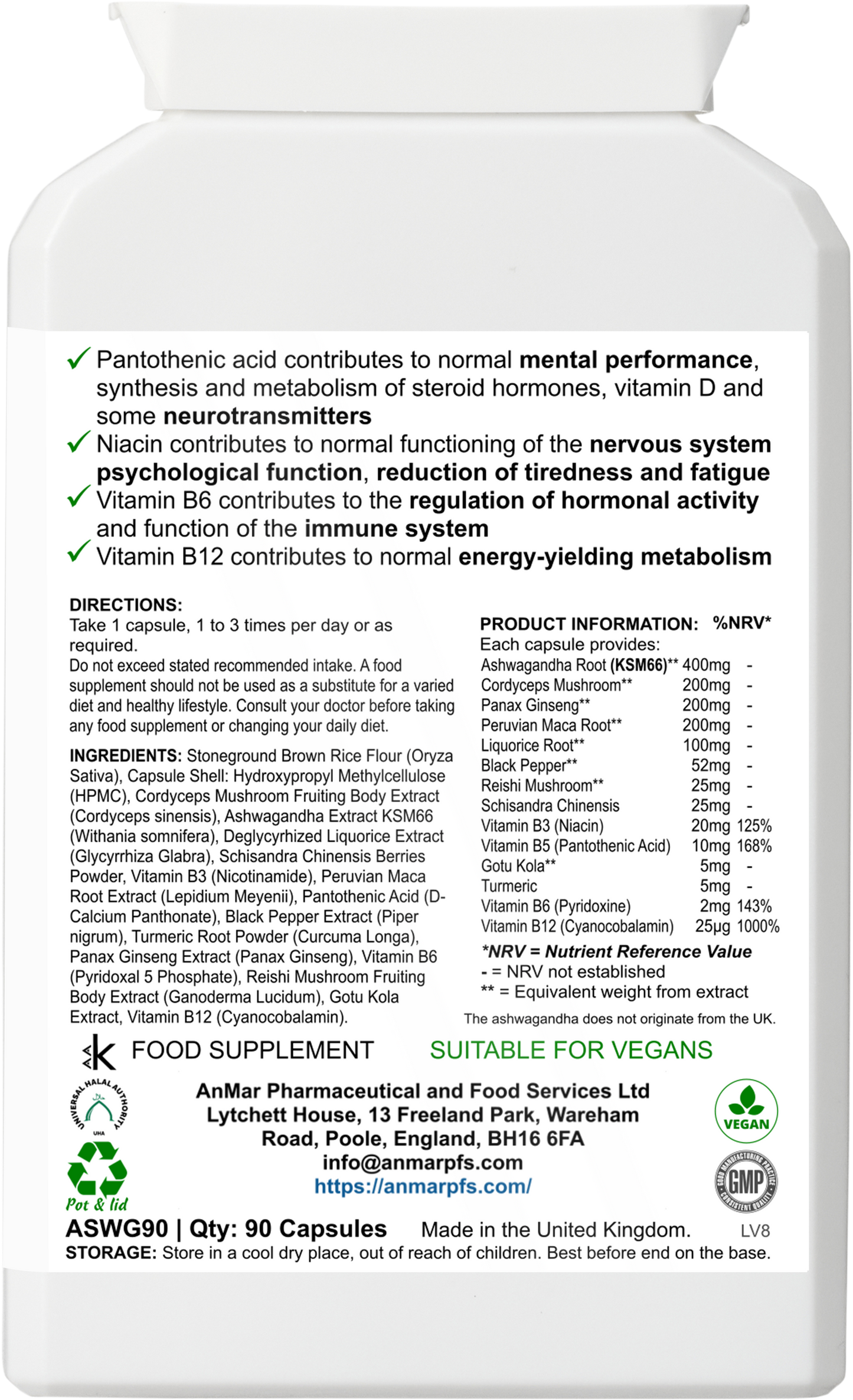 Back view of AnMar™ Ashwagandha Natural Root dietary supplement bottle label showing product information, ingredients including ashwagandha KSM66, cordyceps mushroom, panax ginseng, reishi mushroom, vitamins B6, B12, and usage directions. Vegan, suitable for vegans, GMP certified.
