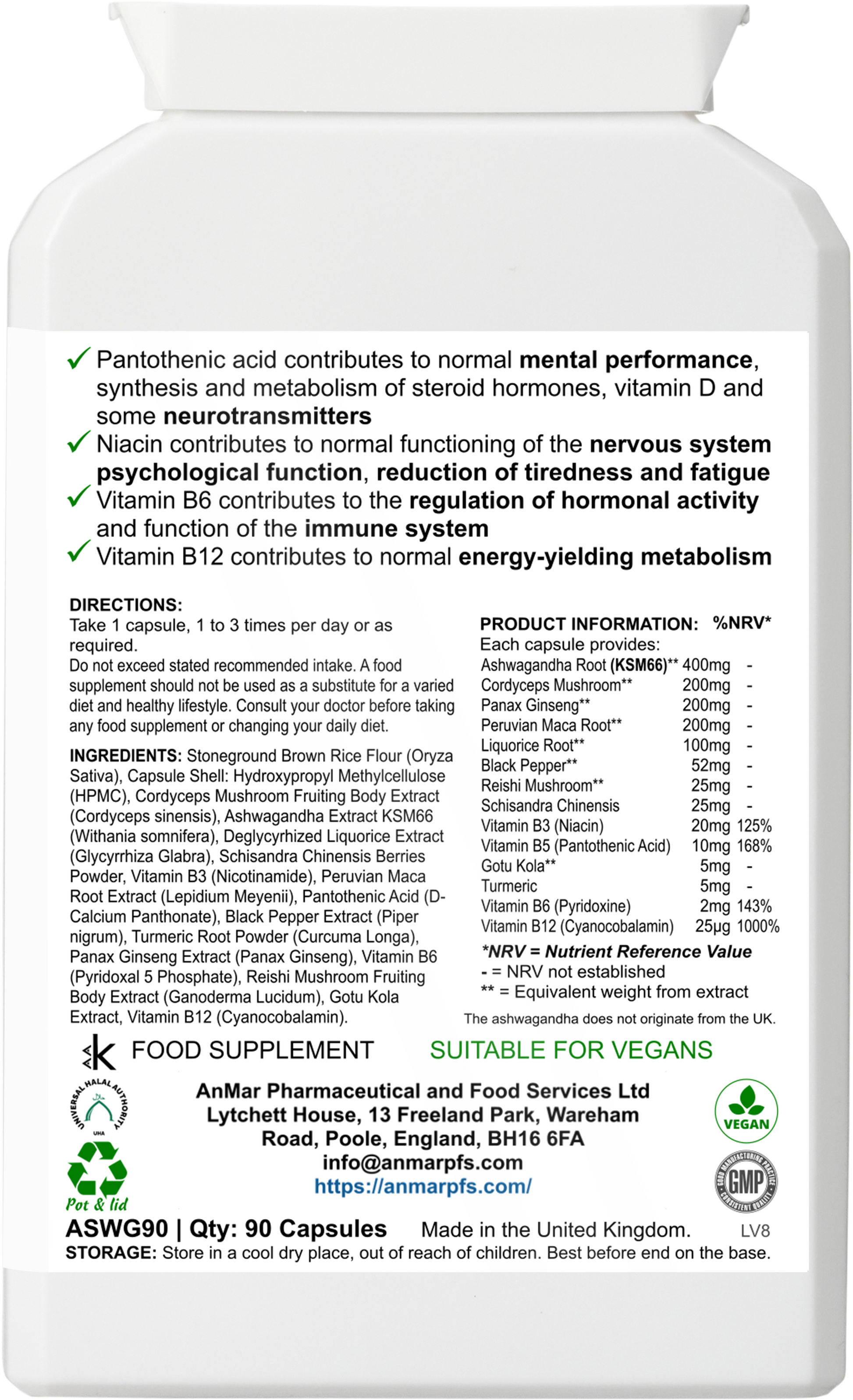Back view of AnMar™ Ashwagandha Natural Root dietary supplement bottle label showing product information, ingredients including ashwagandha KSM66, cordyceps mushroom, panax ginseng, reishi mushroom, vitamins B6, B12, and usage directions. Vegan, suitable for vegans, GMP certified.