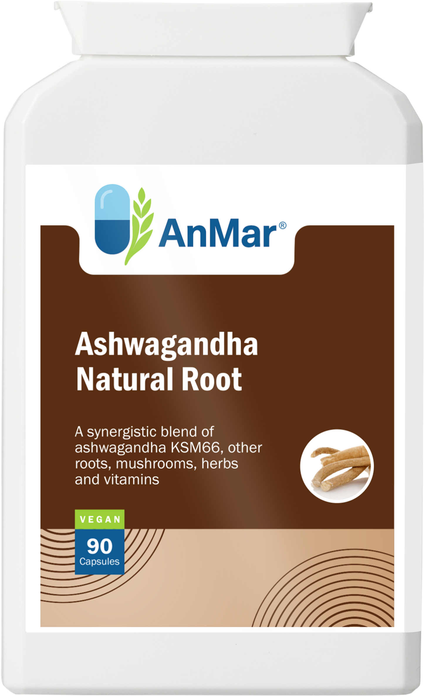 Front view of AnMar™ Ashwagandha Natural Root dietary supplement bottle. Label shows a synergistic blend of ashwagandha KSM66, other roots, mushrooms, herbs, and vitamins. Vegan formula in 90 capsules.
