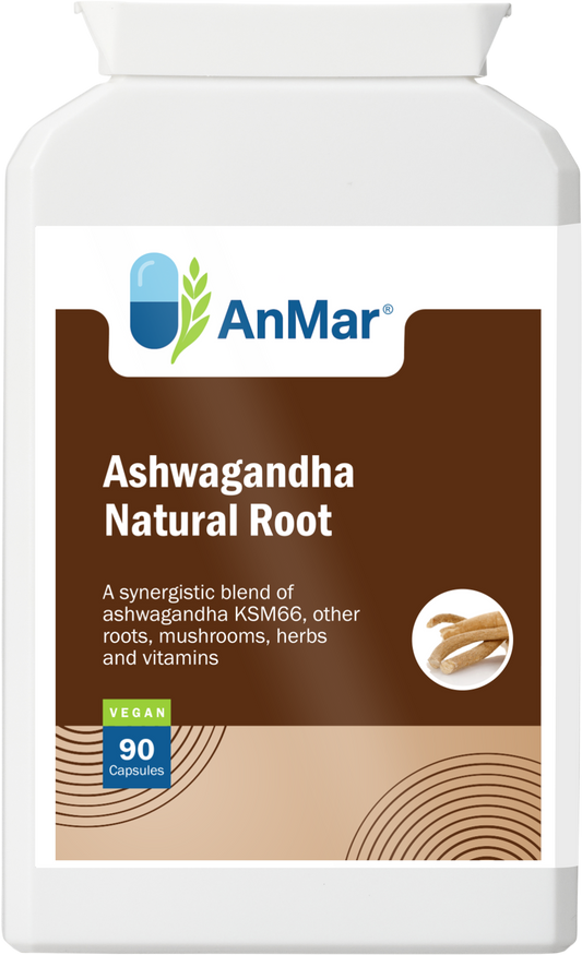 Front view of AnMar™ Ashwagandha Natural Root dietary supplement bottle. Label shows a synergistic blend of ashwagandha KSM66, other roots, mushrooms, herbs, and vitamins. Vegan formula in 90 capsules.