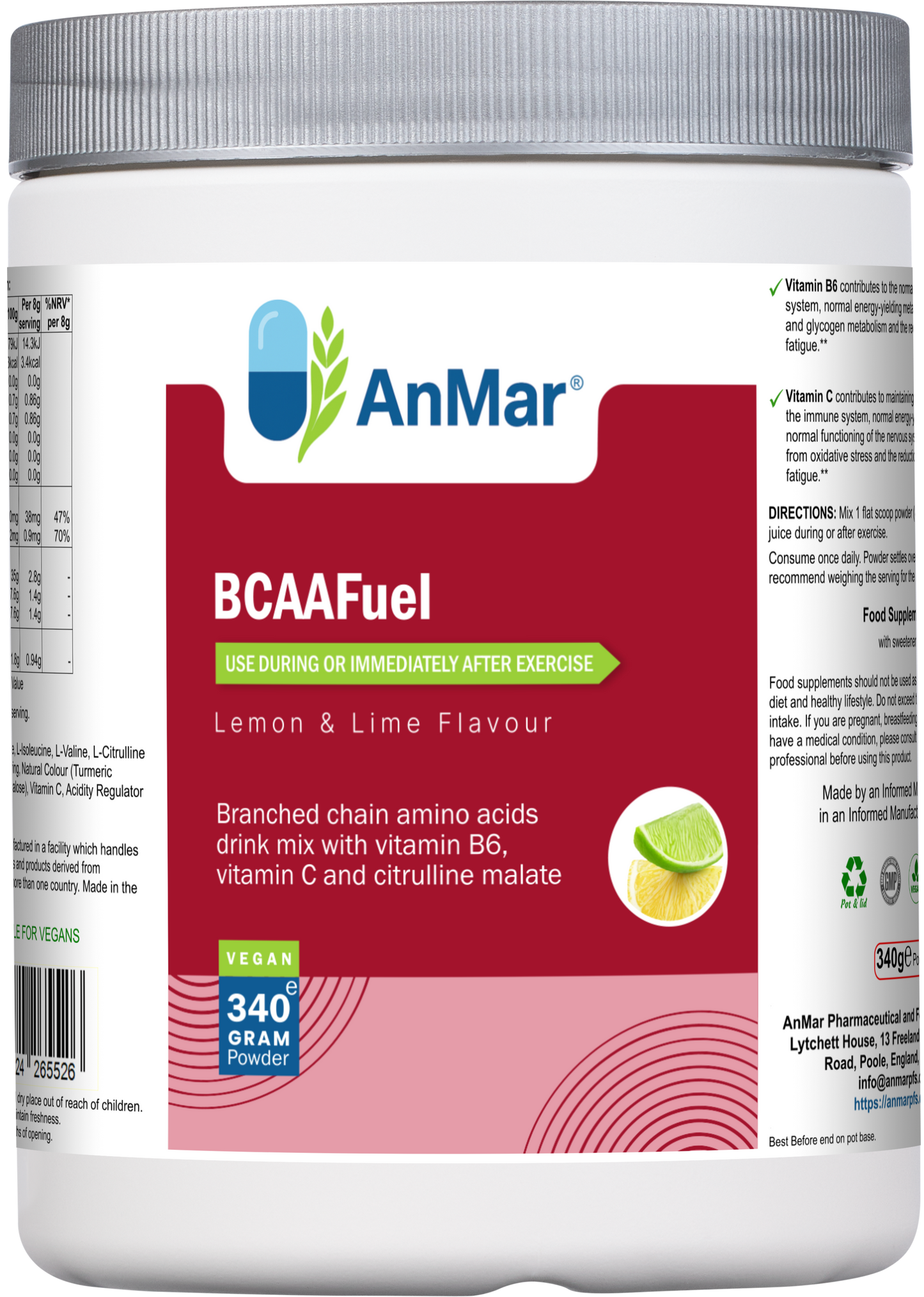 Front view of AnMar™ BCAAFuel 340g tub showing lemon and lime flavour BCAA supplement with vitamin B6, vitamin C, and citrulline malate. Label highlights vegan formula and post-exercise use.