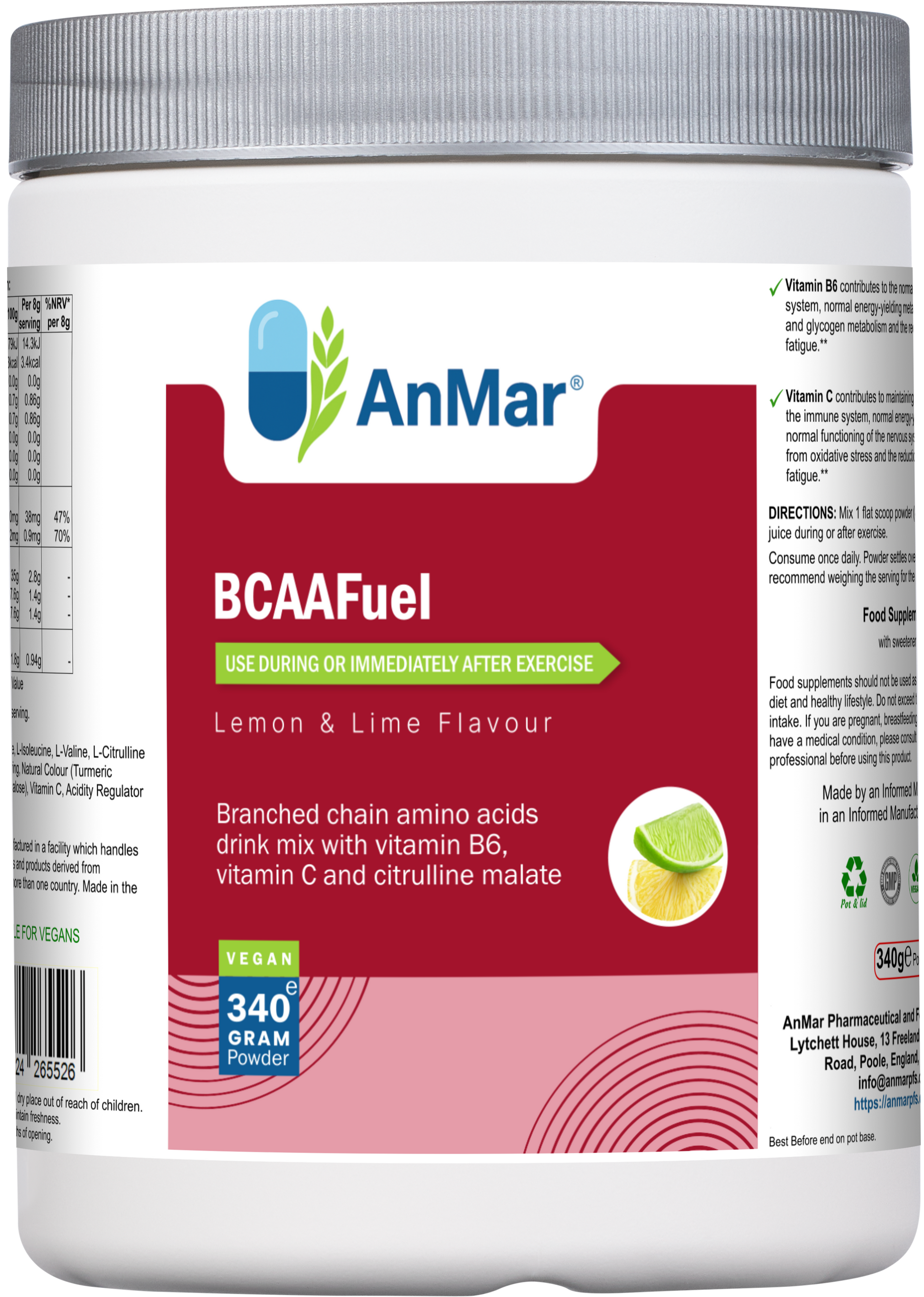Front view of AnMar™ BCAAFuel 340g tub showing lemon and lime flavour BCAA supplement with vitamin B6, vitamin C, and citrulline malate. Label highlights vegan formula and post-exercise use.