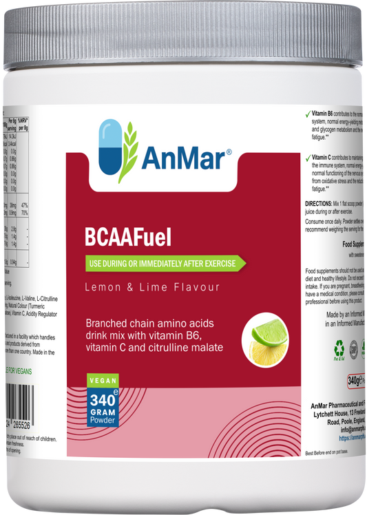 Front view of AnMar™ BCAAFuel 340g tub showing lemon and lime flavour BCAA supplement with vitamin B6, vitamin C, and citrulline malate. Label highlights vegan formula and post-exercise use.