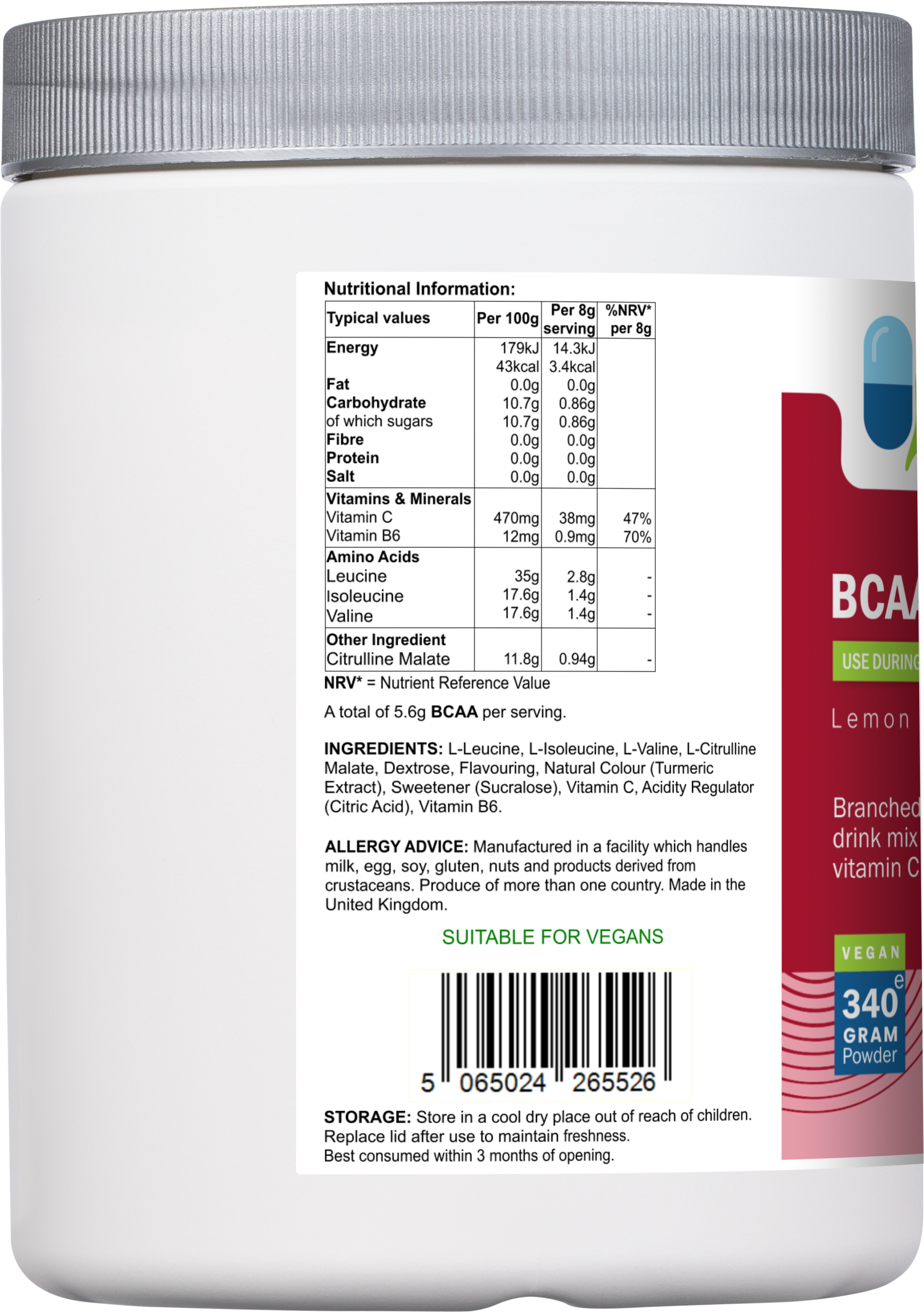 Nutritional information label for AnMar™ BCAAFuel showing amino acid profile including leucine, isoleucine, valine, citrulline malate, and vitamin B6 per 8g serving. Barcode and vegan suitability noted.