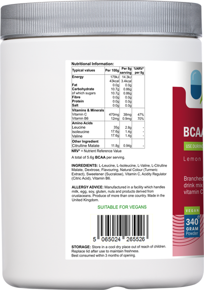 Nutritional information label for AnMar™ BCAAFuel showing amino acid profile including leucine, isoleucine, valine, citrulline malate, and vitamin B6 per 8g serving. Barcode and vegan suitability noted.