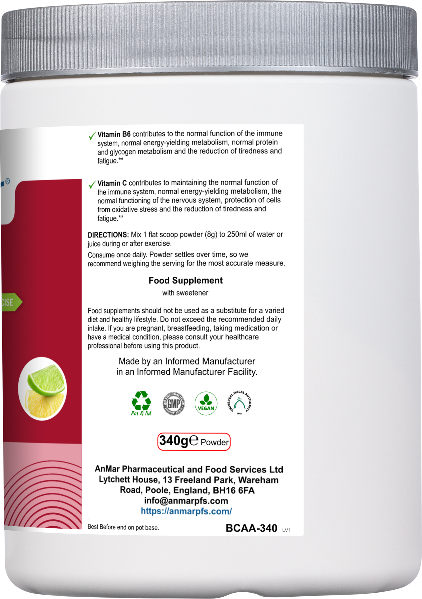 Rear view of AnMar™ BCAAFuel 340g supplement tub showing product directions, benefits of vitamin B6 and C, usage instructions, and manufacturer details. Suitable for vegans.