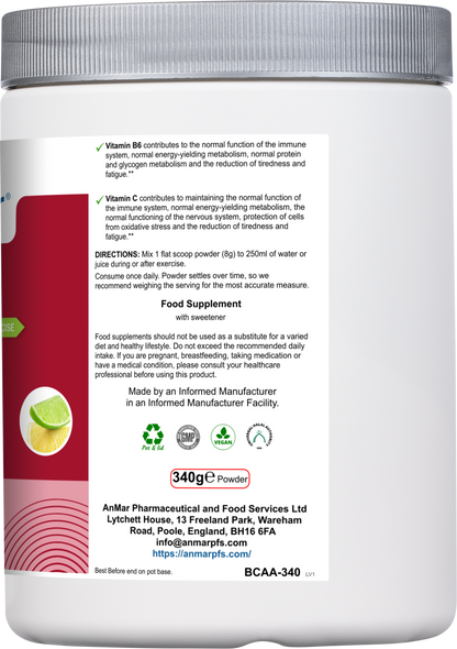 Rear view of AnMar™ BCAAFuel 340g supplement tub showing product directions, benefits of vitamin B6 and C, usage instructions, and manufacturer details. Suitable for vegans.