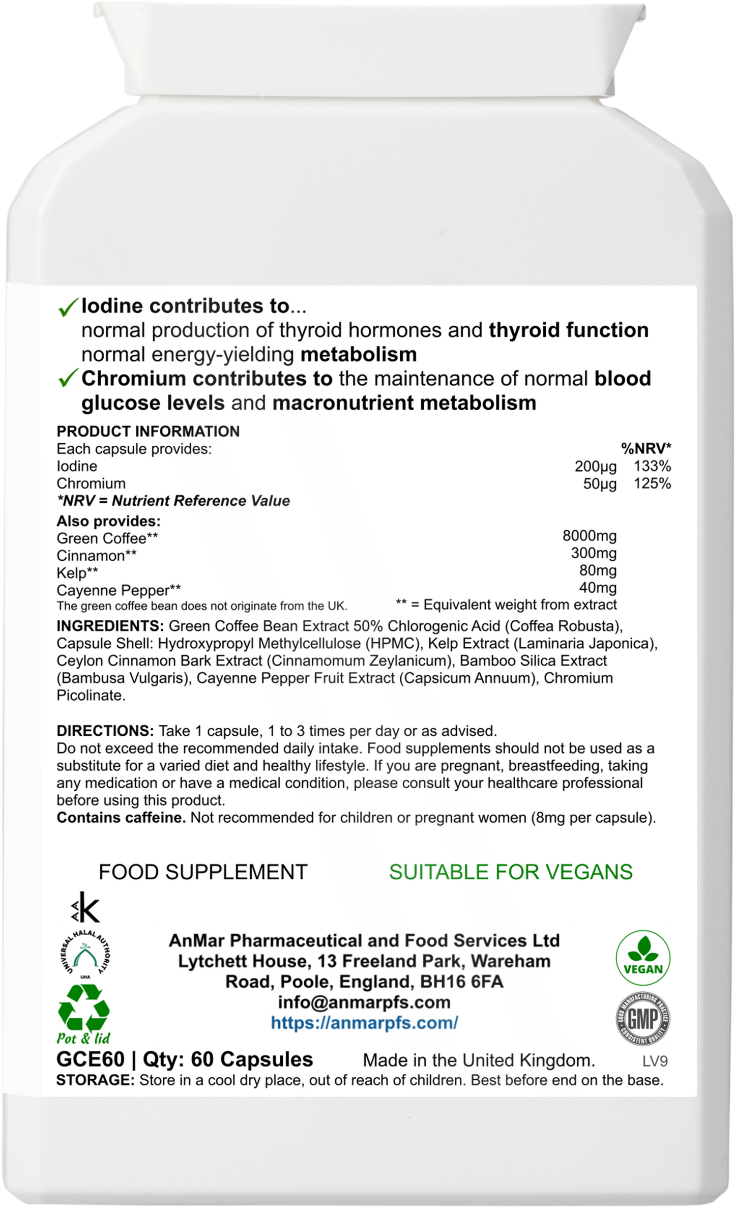 Back label of AnMar™ Café Verde Complex showing supplement facts, green coffee extract dosage, added botanicals like cinnamon and cayenne, and vegan status.