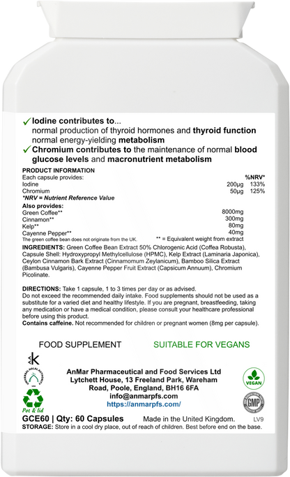 Back label of AnMar™ Café Verde Complex showing supplement facts, green coffee extract dosage, added botanicals like cinnamon and cayenne, and vegan status.