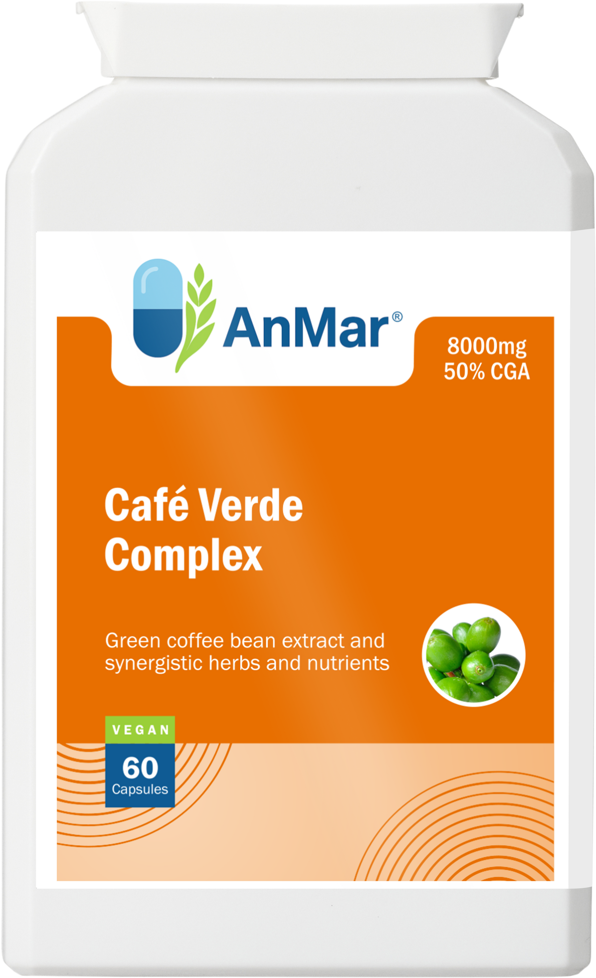 Front of AnMar™ Café Verde Complex bottle highlighting 8000mg green coffee bean extract with 50% CGA, vegan formula with 60 capsules.