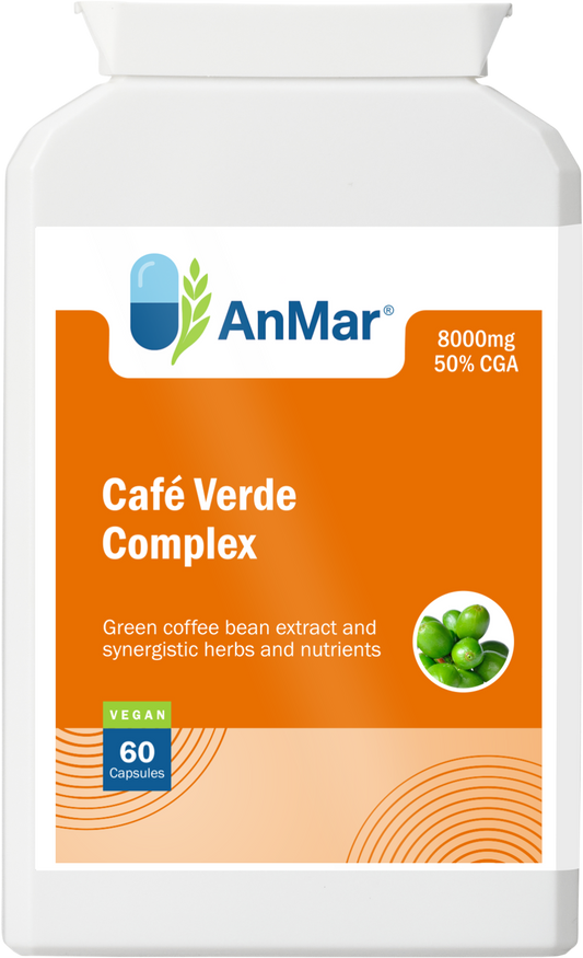 Front of AnMar™ Café Verde Complex bottle highlighting 8000mg green coffee bean extract with 50% CGA, vegan formula with 60 capsules.