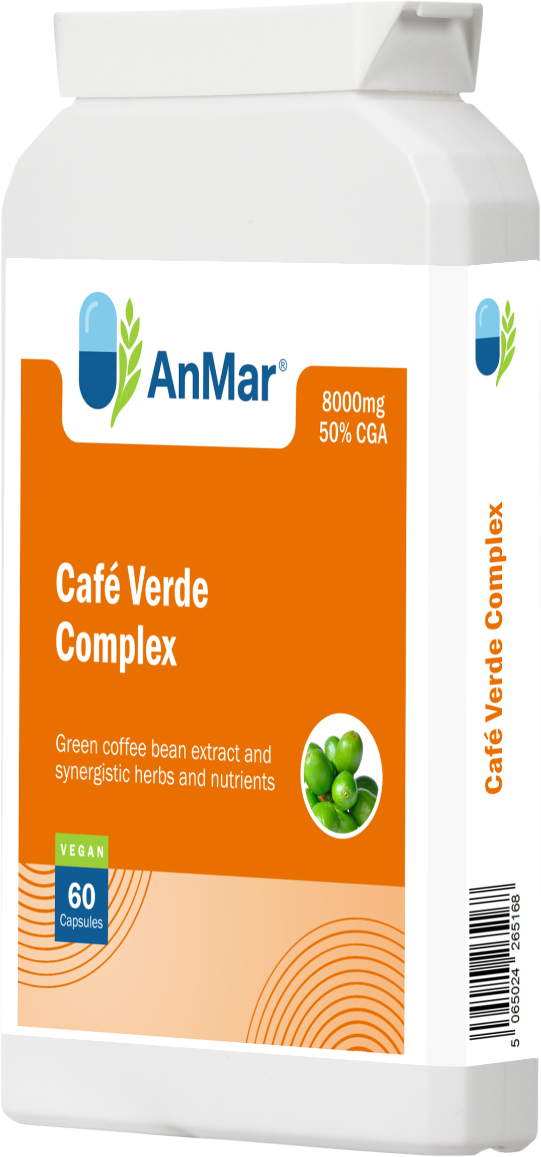 Angled front-right view of AnMar™ Café Verde Complex bottle showing green coffee bean extract label with 8000mg dose, 50% CGA, vegan symbol, and barcode visible.