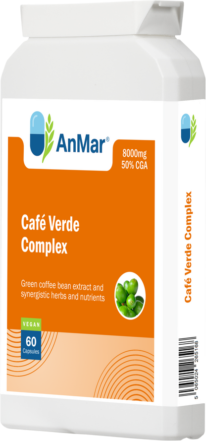 Angled front-right view of AnMar™ Café Verde Complex bottle showing green coffee bean extract label with 8000mg dose, 50% CGA, vegan symbol, and barcode visible.