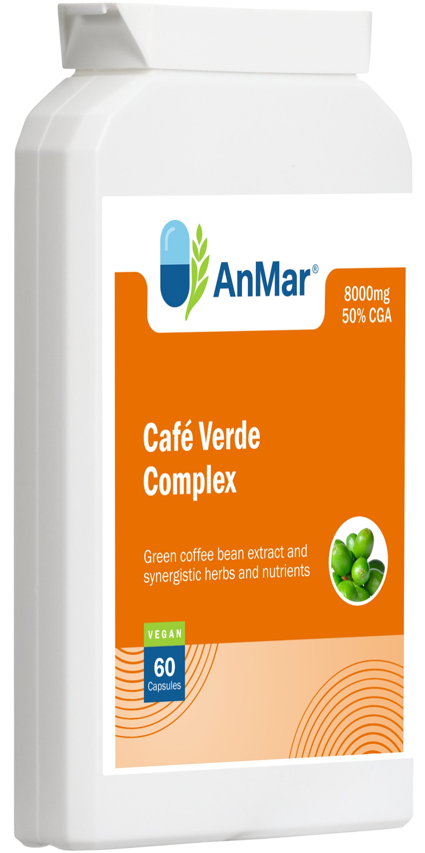 Angled front view of AnMar™ Café Verde Complex bottle showing green coffee bean extract label with 8000mg and 50% CGA content. Vegan 60-capsule supplement.