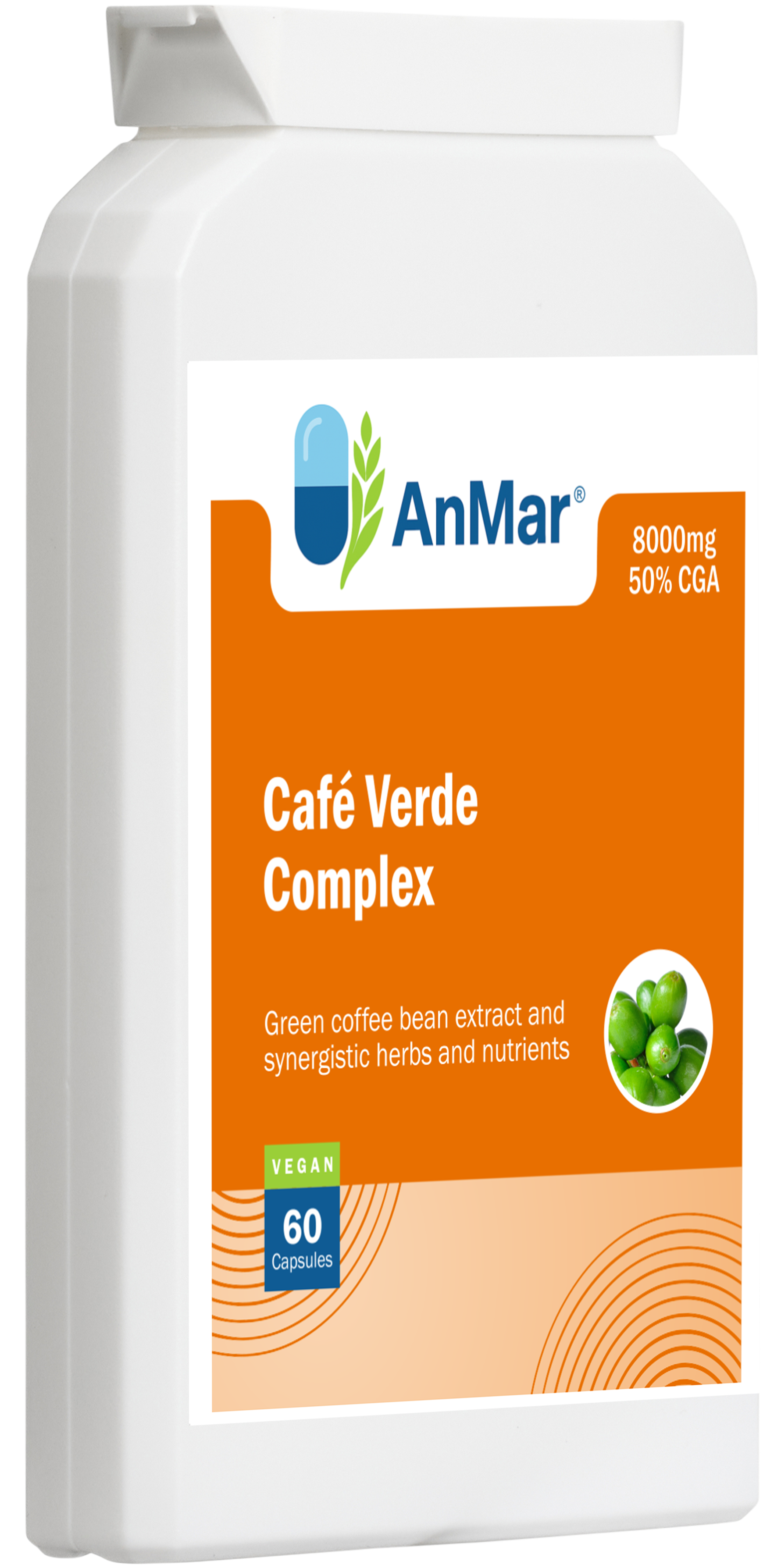 Angled front view of AnMar™ Café Verde Complex bottle showing green coffee bean extract label with 8000mg and 50% CGA content. Vegan 60-capsule supplement.
