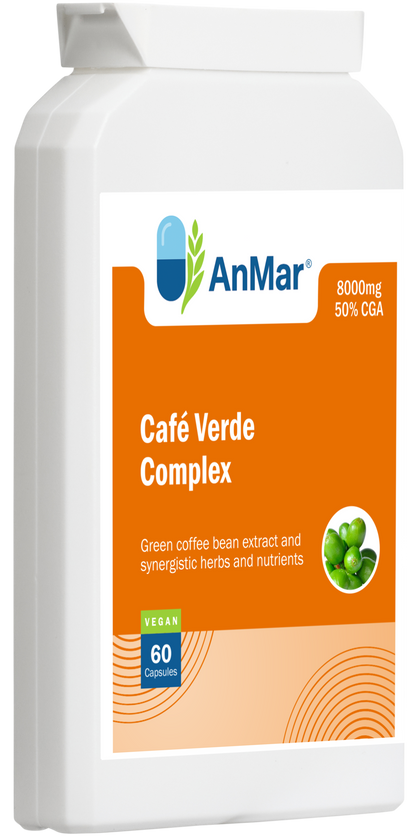 Angled front view of AnMar™ Café Verde Complex bottle showing green coffee bean extract label with 8000mg and 50% CGA content. Vegan 60-capsule supplement.