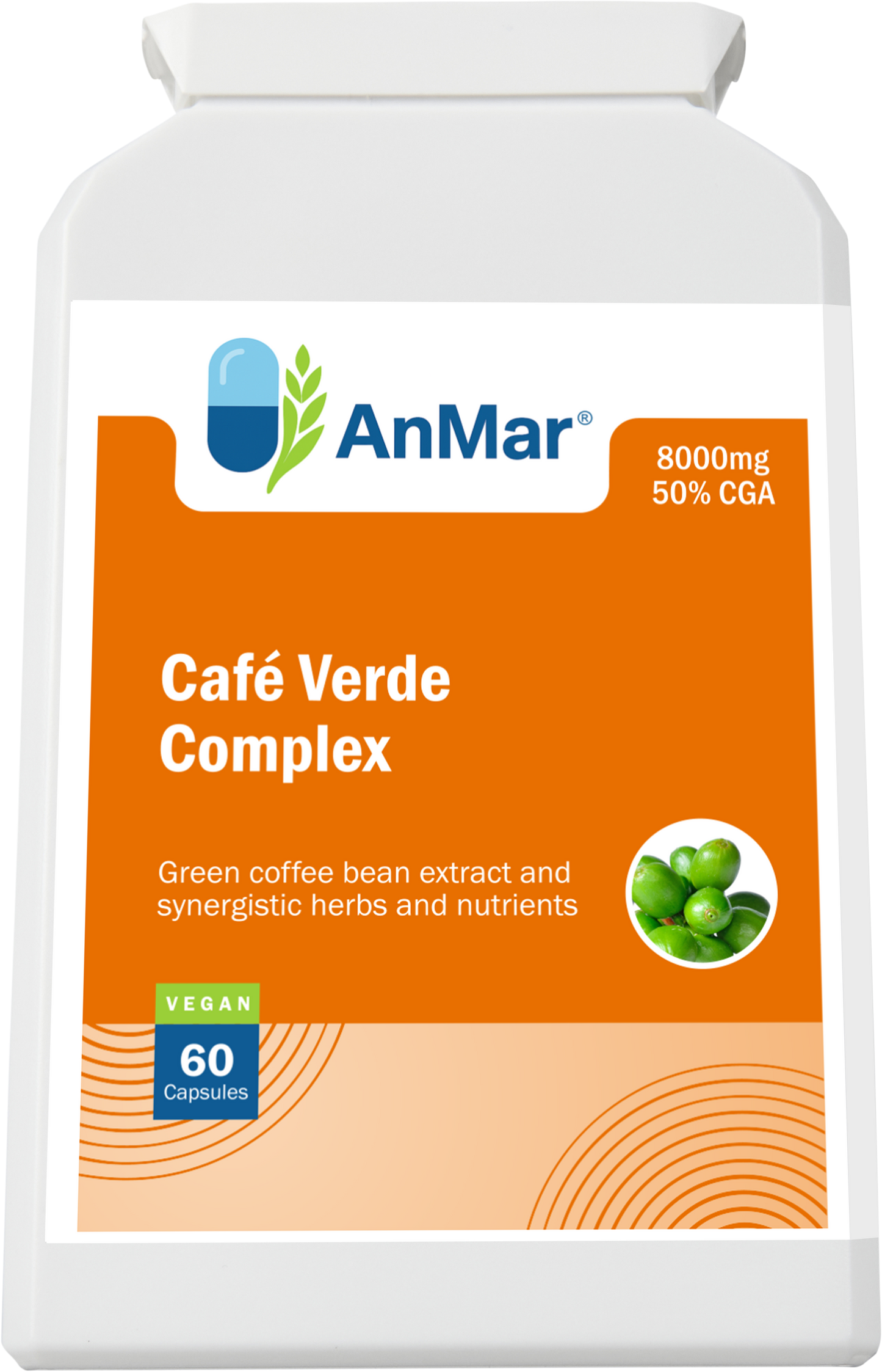 Front-facing image of AnMar™ Café Verde Complex showing label with green coffee bean extract, 8000mg strength, 50% CGA content, and vegan certification.
