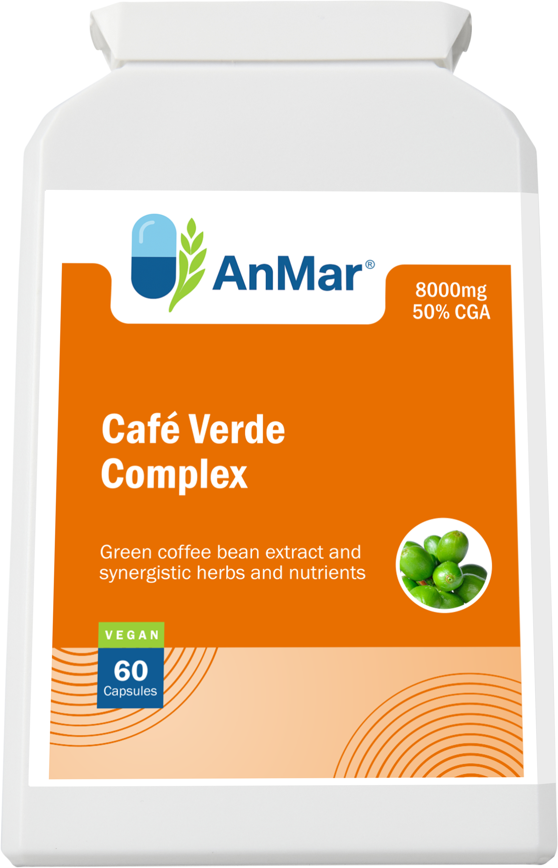 Front-facing image of AnMar™ Café Verde Complex showing label with green coffee bean extract, 8000mg strength, 50% CGA content, and vegan certification.