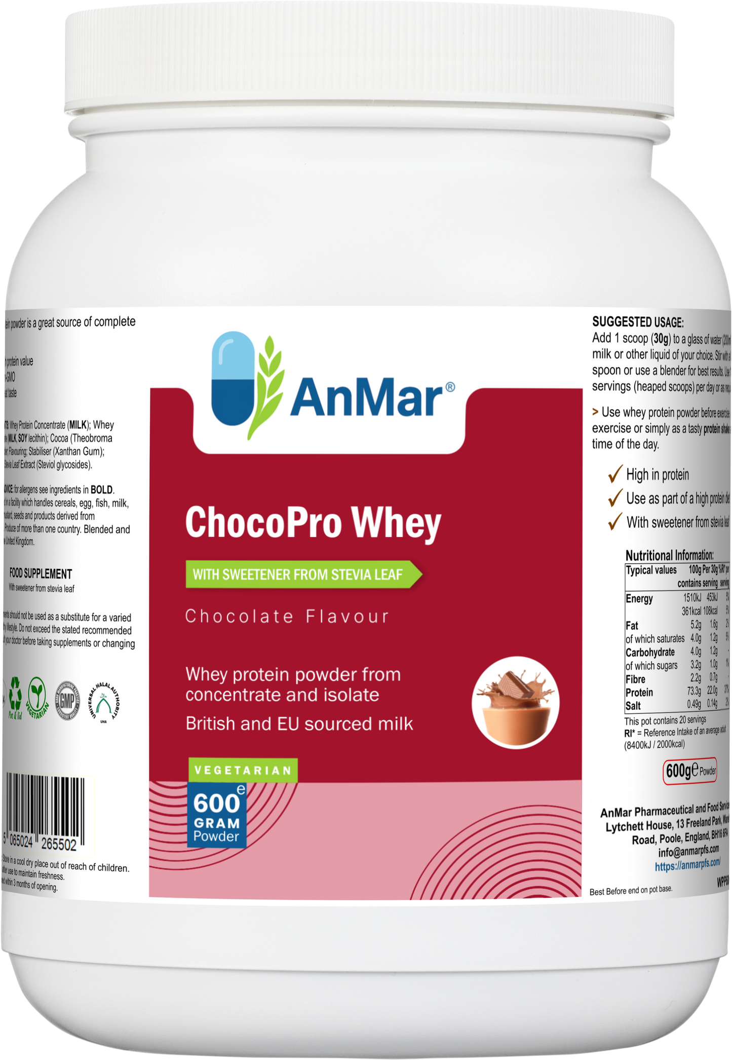 Front label of AnMar™ ChocoPro Whey 600g container, showing chocolate flavour whey protein with stevia sweetener and vegetarian certification.