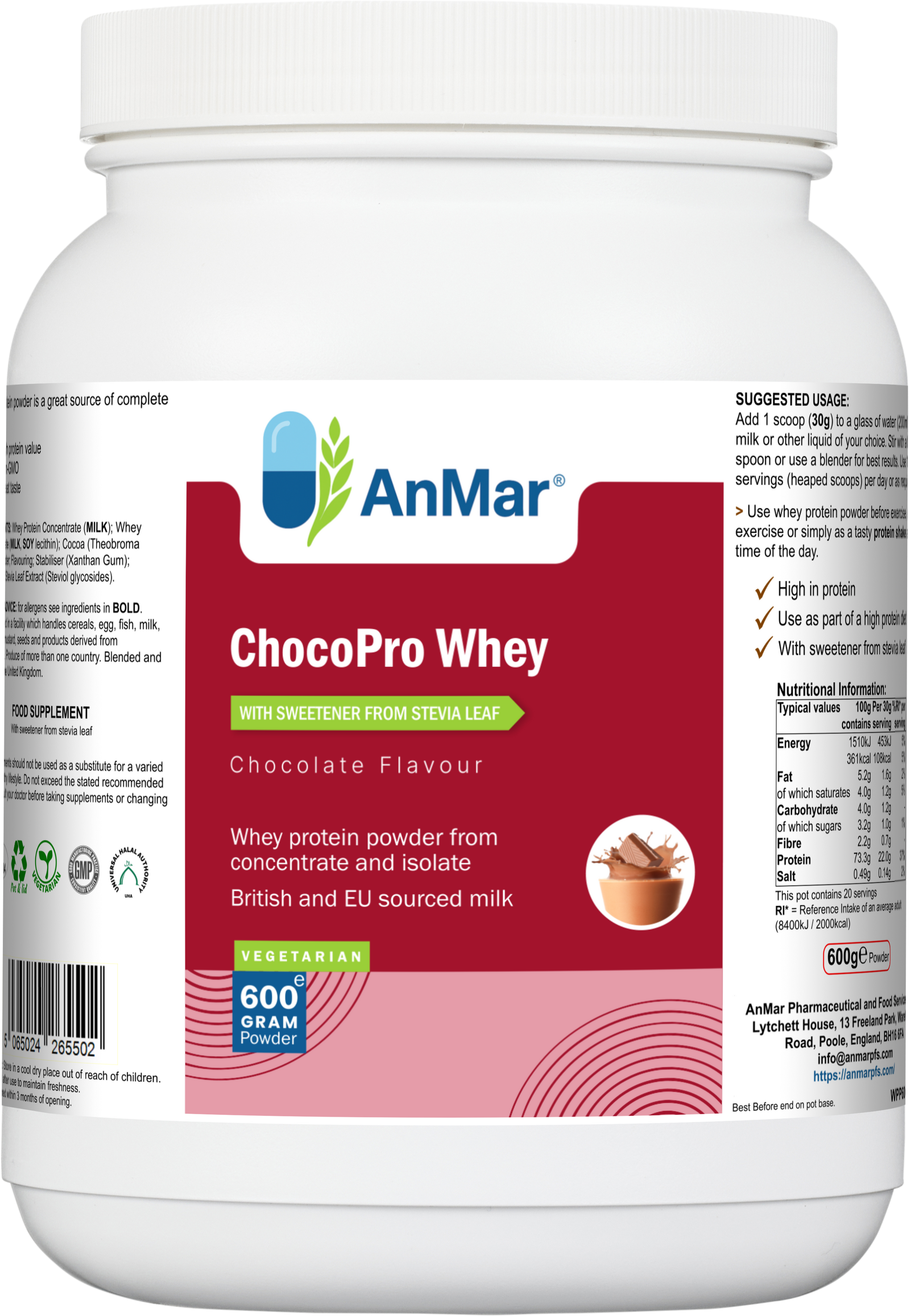 Front label of AnMar™ ChocoPro Whey 600g container, showing chocolate flavour whey protein with stevia sweetener and vegetarian certification.