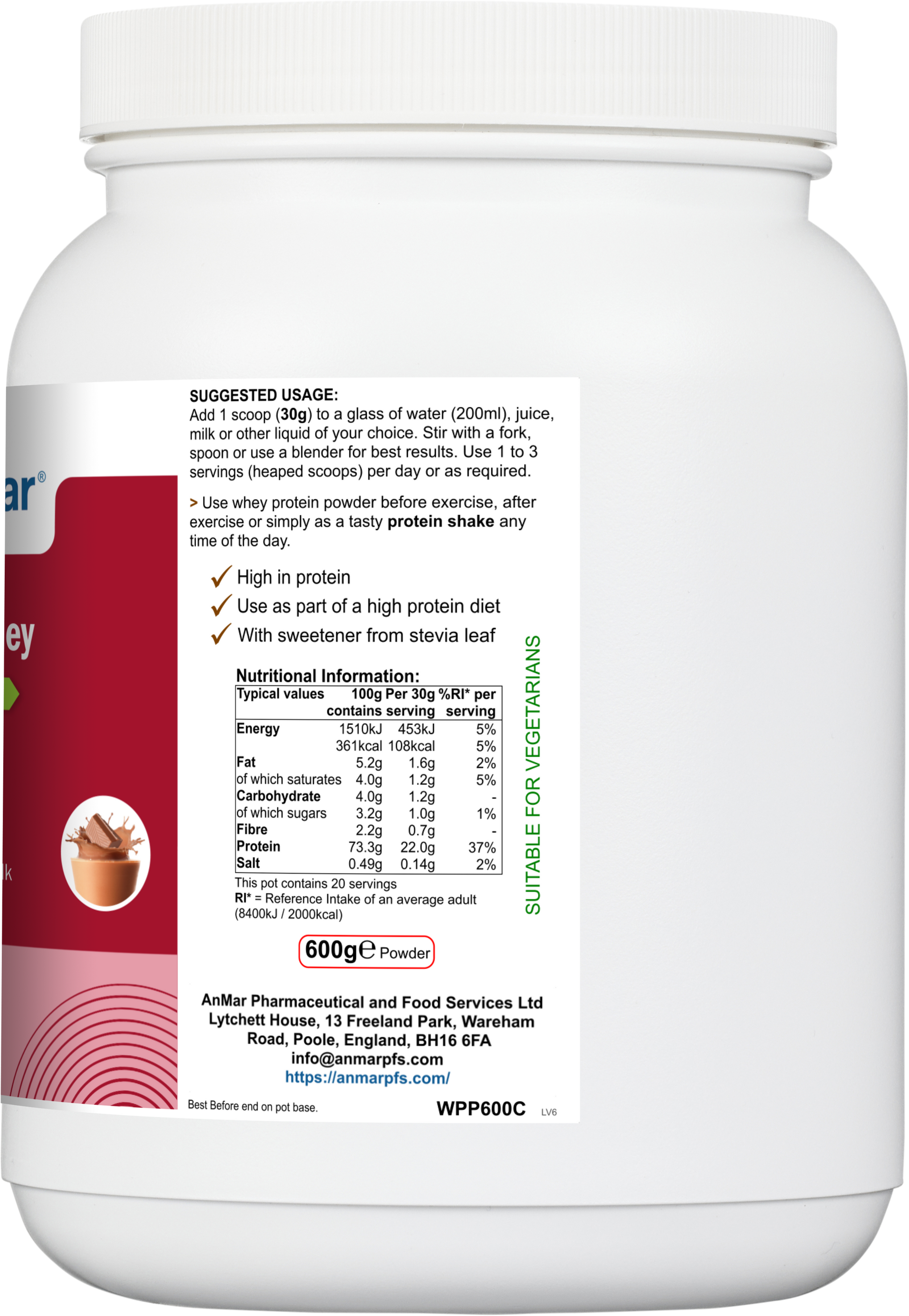 Side view of AnMar™ ChocoPro Whey 600g container showing suggested usage, nutritional information, and suitability for vegetarians.