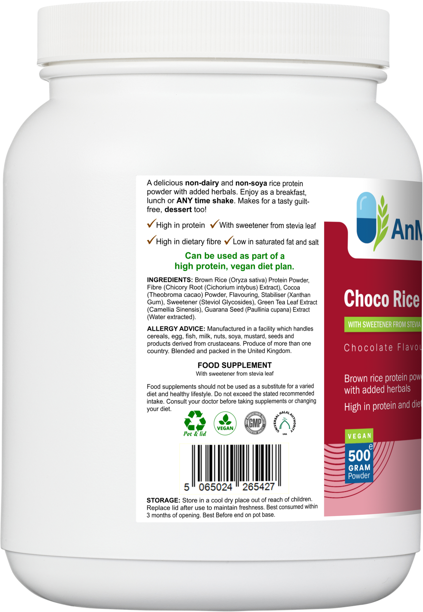 Side label of AnMar™ Choco Rice Fuel tub showing ingredients list, allergen advice, storage instructions, and vegan protein claims for the chocolate brown rice formula.