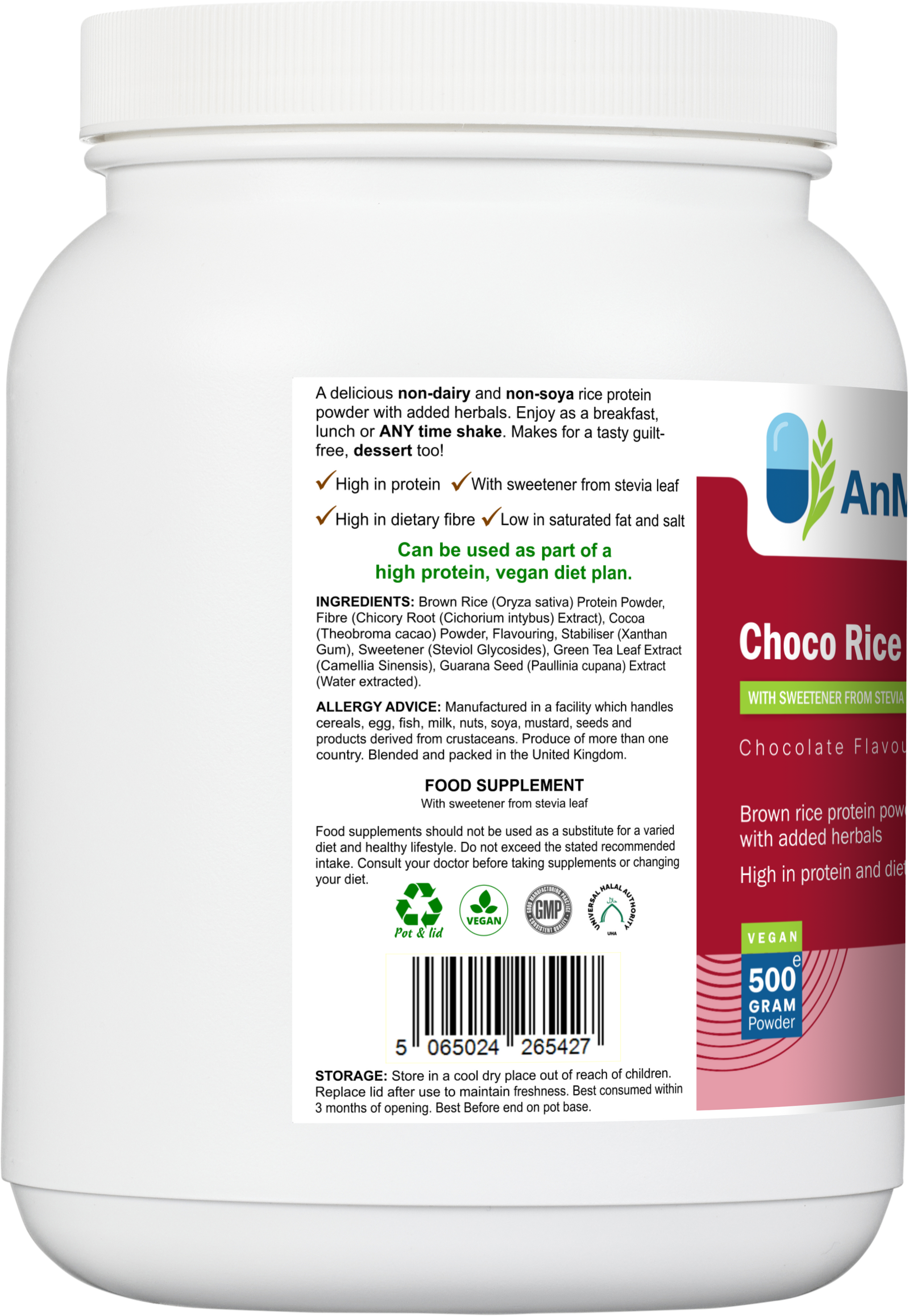 Side label of AnMar™ Choco Rice Fuel tub showing ingredients list, allergen advice, storage instructions, and vegan protein claims for the chocolate brown rice formula.