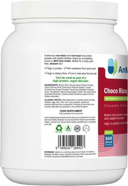 Side label of AnMar™ Choco Rice Fuel tub showing ingredients list, allergen advice, storage instructions, and vegan protein claims for the chocolate brown rice formula.