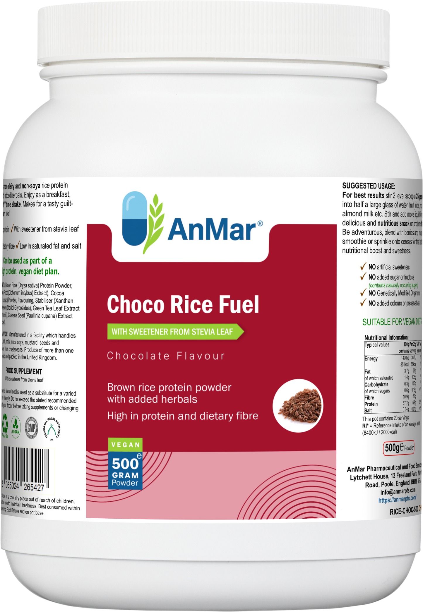 Front of AnMar™ Choco Rice Fuel container featuring chocolate flavour brown rice protein powder with stevia, herbs, and high dietary fibre in a 500g vegan tub.